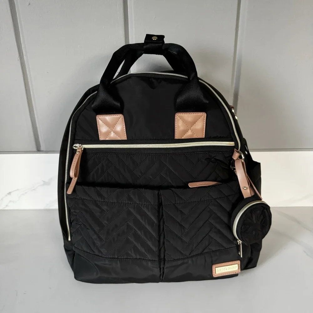 Skip Hop Suite Diaper Bag Backpack Set 6 in 1 Black Tan Gold Hardware Quilted